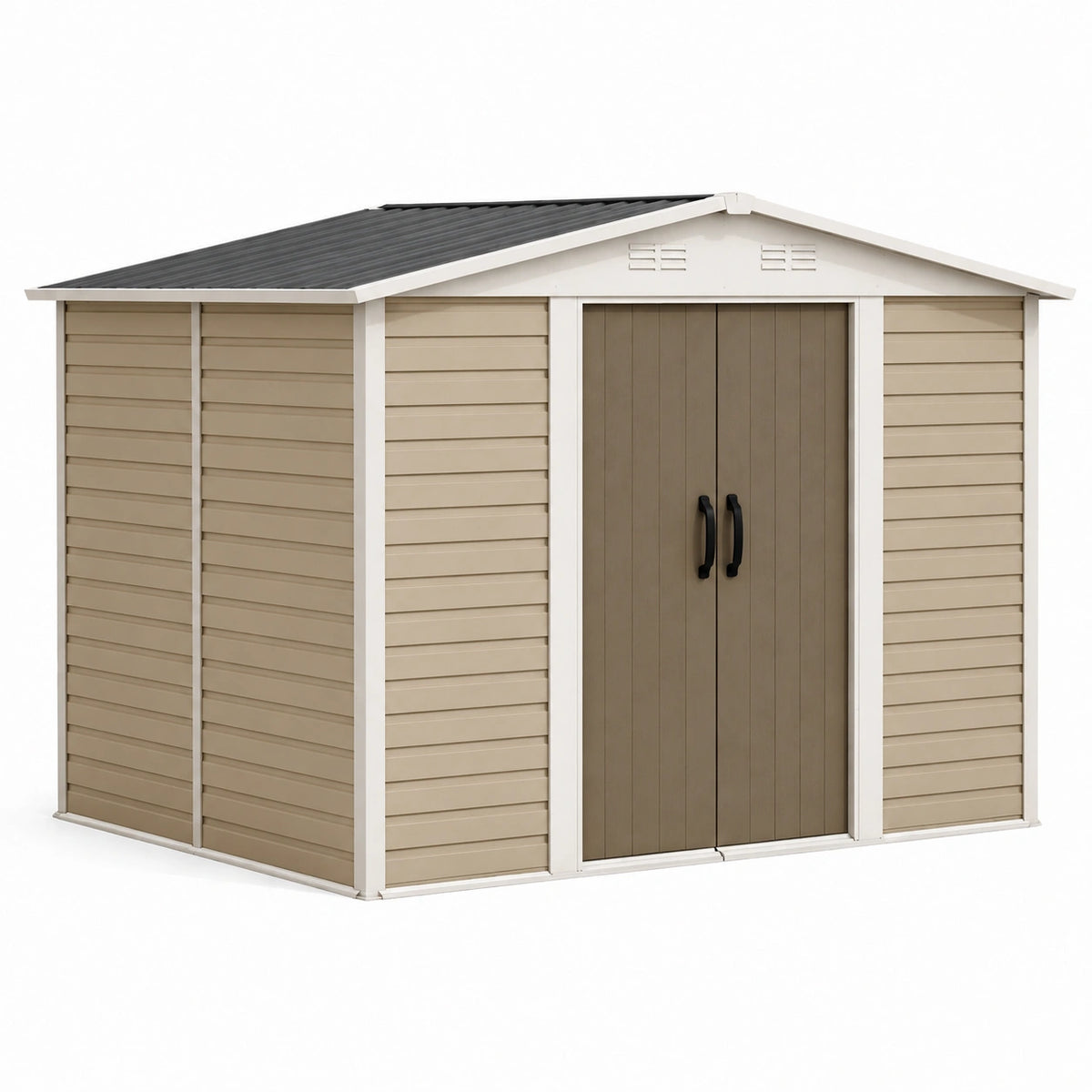 Abri de jardin 244 x 189 x 233 cm en résine beige et gris anthracite avec portes doubles