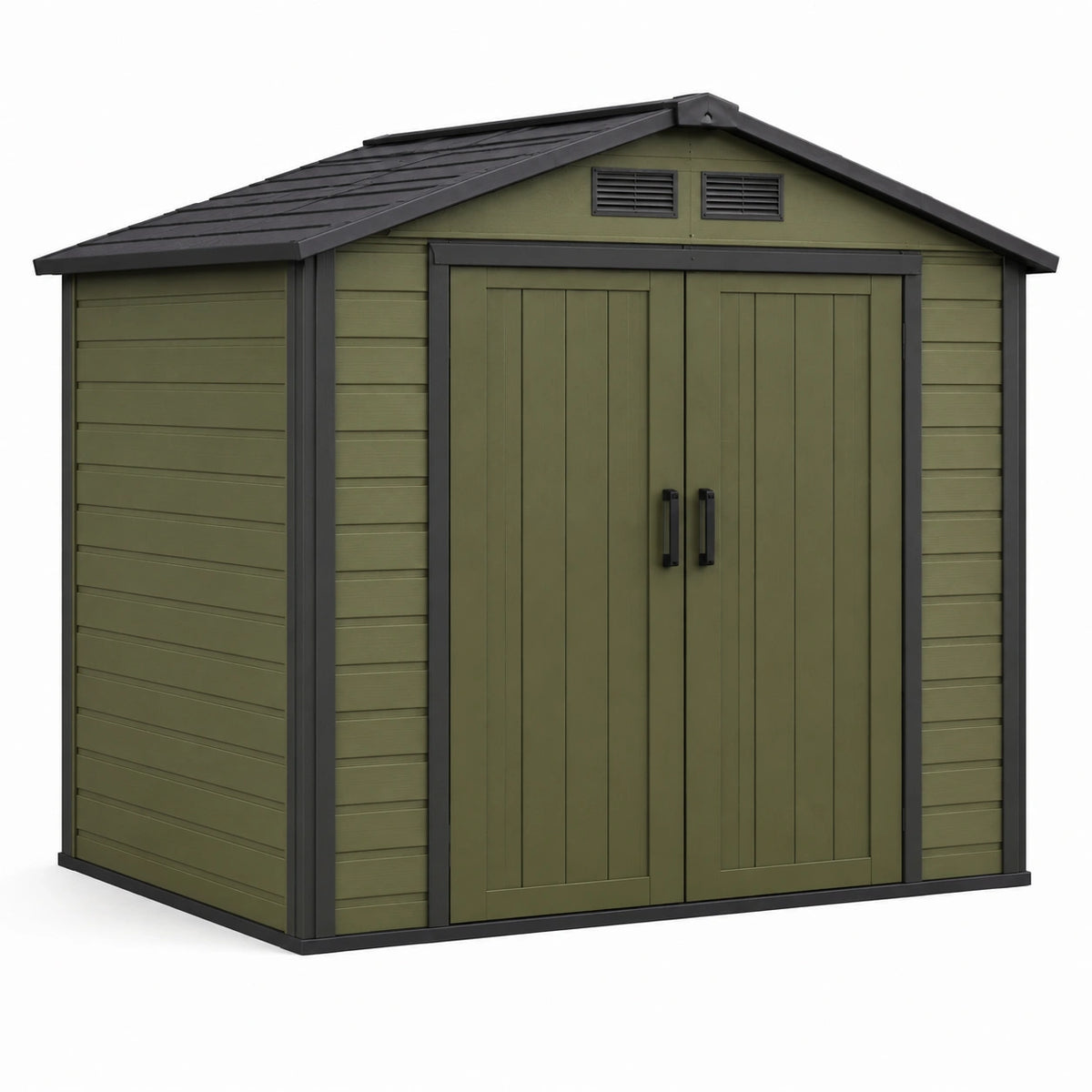 Abri de jardin 191 x 111 x 198 cm en résine vert olive avec double porte et toit incliné