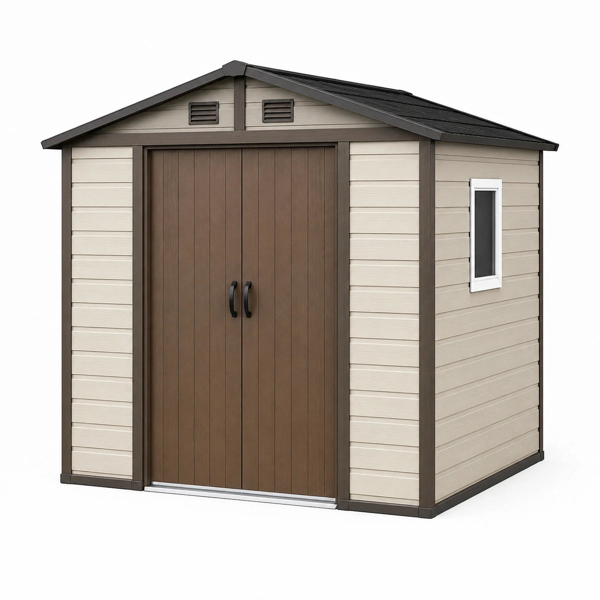 Abri de jardin 200 x 150 x 200 cm en résine beige et marron avec double porte