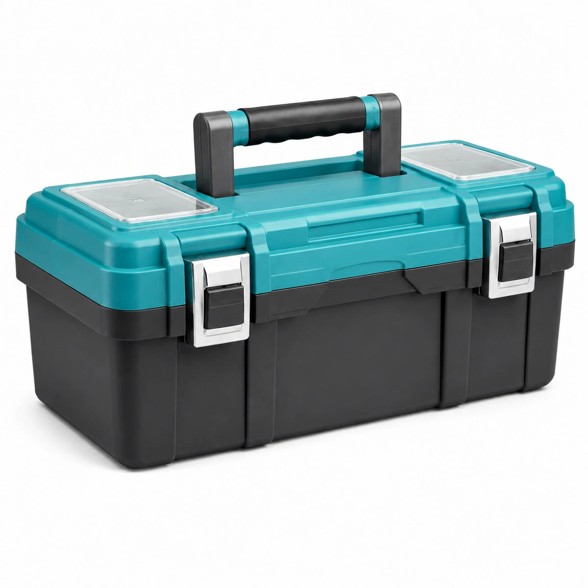 Boîte à outils 50 cm en plastique noir et turquoise avec organiseurs et poignée