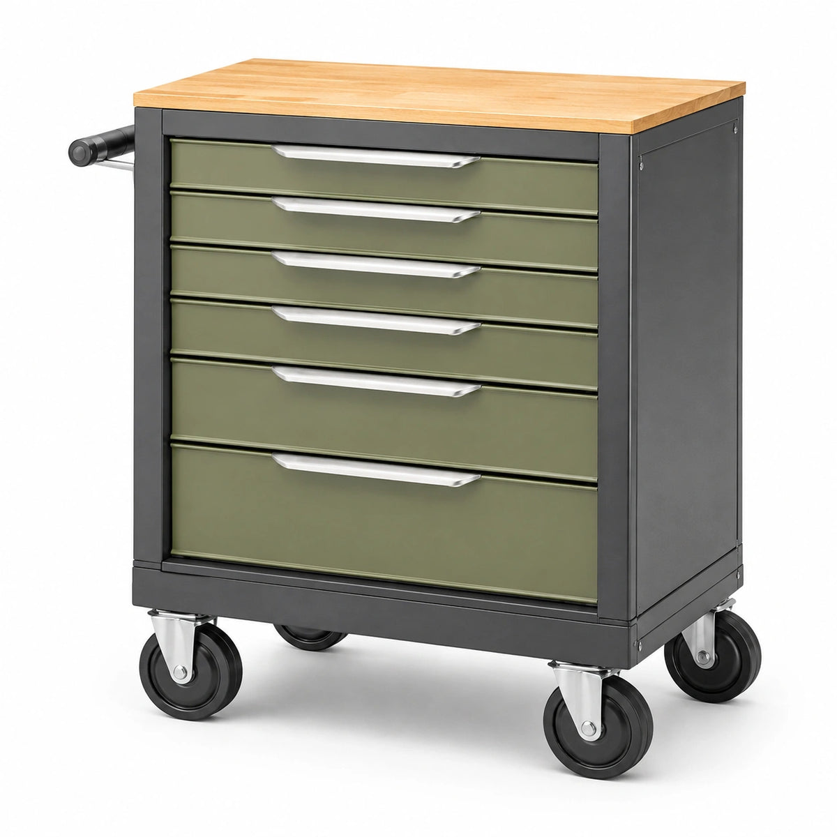 Servante d atelier 80 x 50 x 95 cm en acier vert kaki et noir avec plateau en bois et 6 tiroirs
