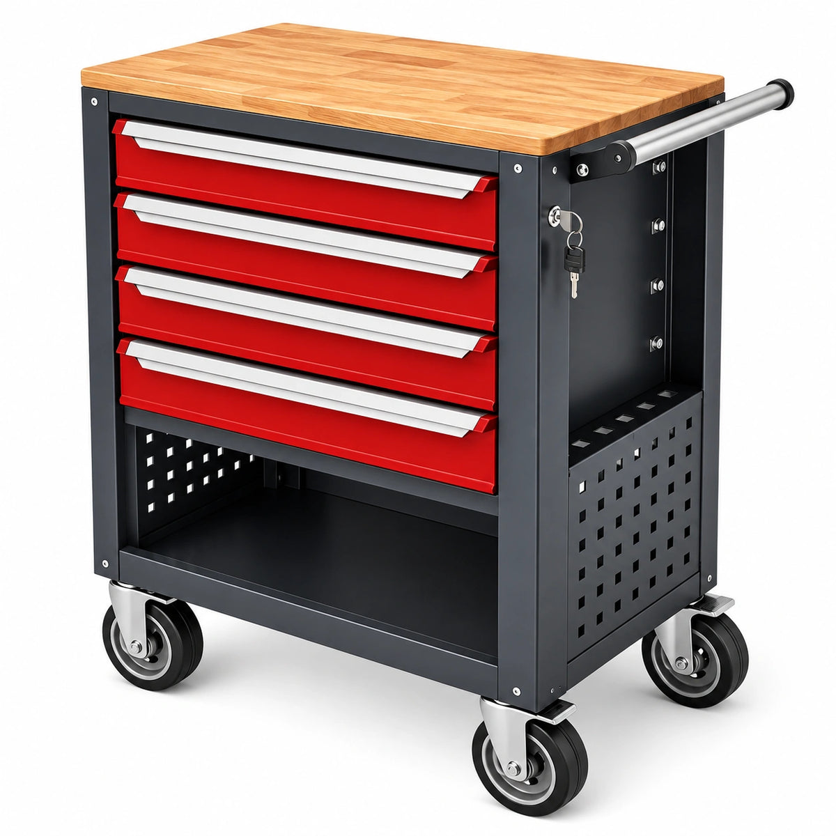 Servante d atelier 85 x 45 x 95 cm en acier noir rouge avec plateau en bois et 5 tiroirs