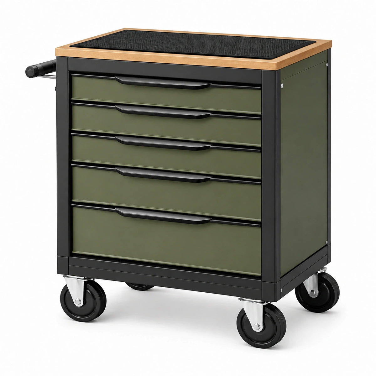 Servante d'atelier 76 x 46 x 95 cm en acier vert olive et noir avec 5 tiroirs sur roulettes