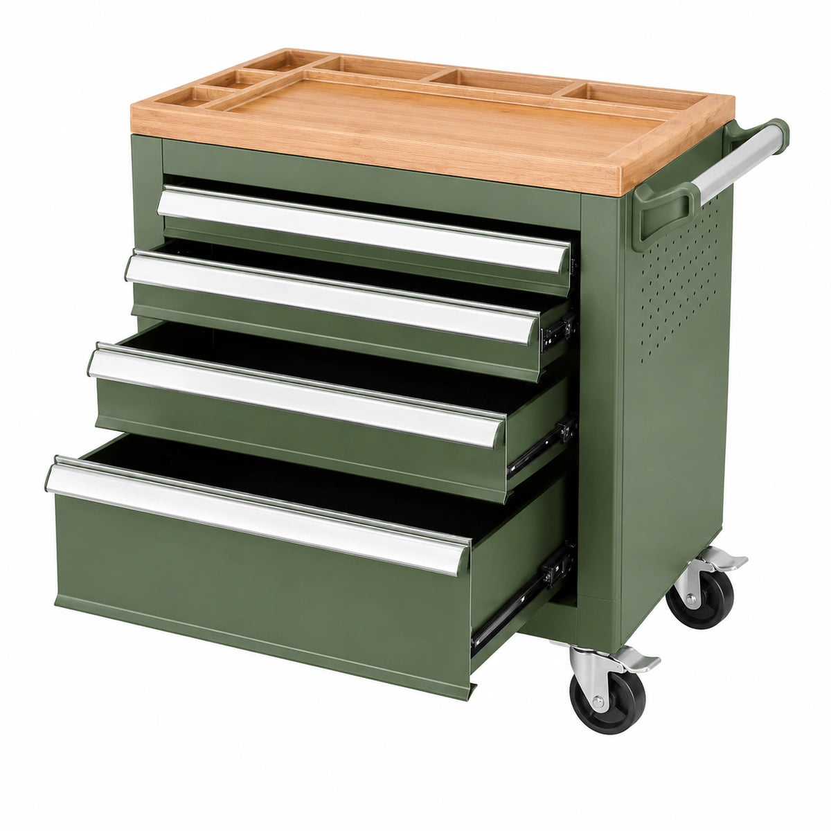 Servante d atelier 77 x 46 x 91 cm en acier vert avec 4 tiroirs et plateau en bois mobile