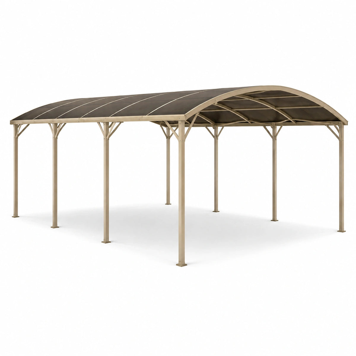 Abri voiture 600 x 300 x 260 cm en acier beige avec toit arqué en polycarbonate