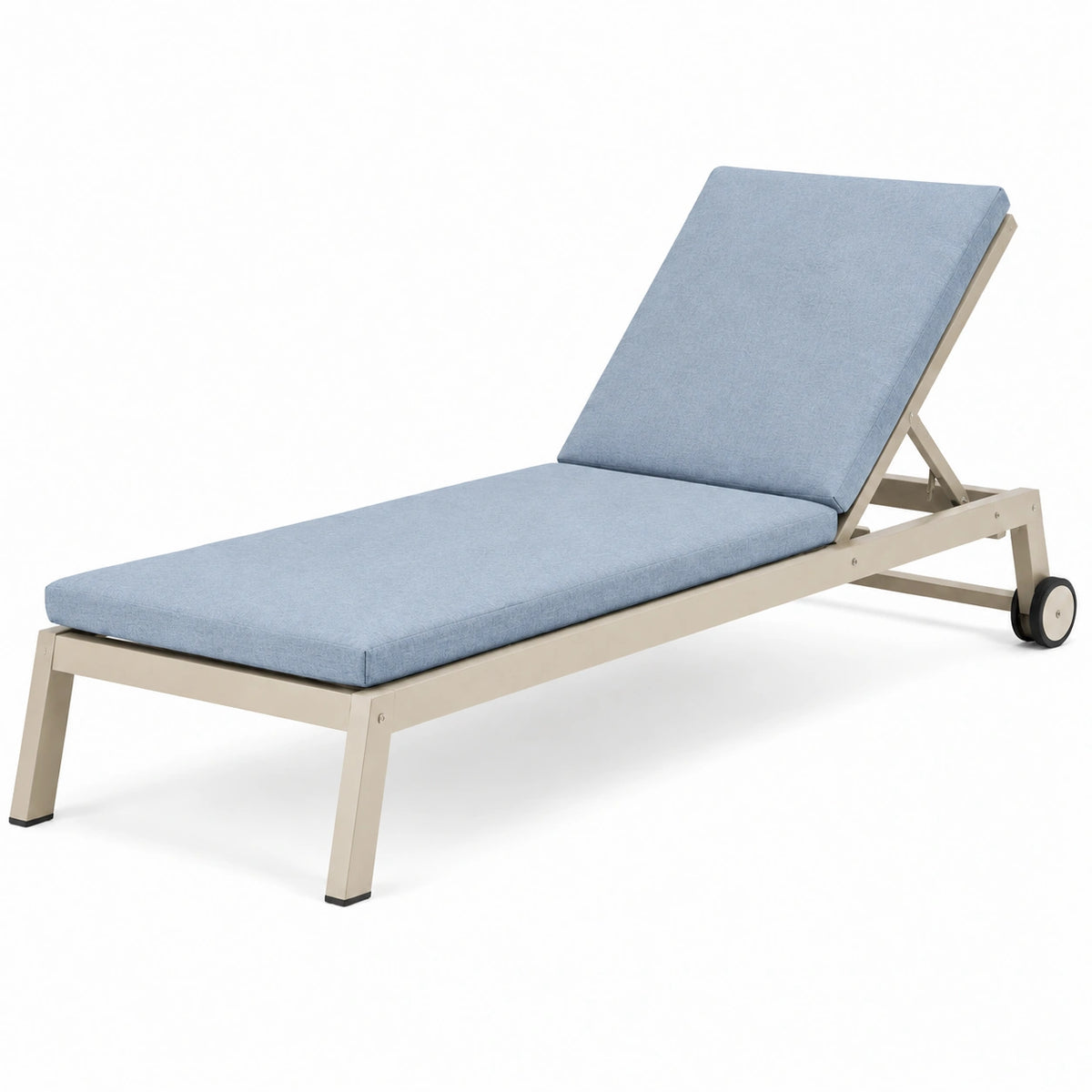Chaise longue de jardin 198 x 65 cm en métal beige avec coussin bleu - dossier inclinable à roulettes