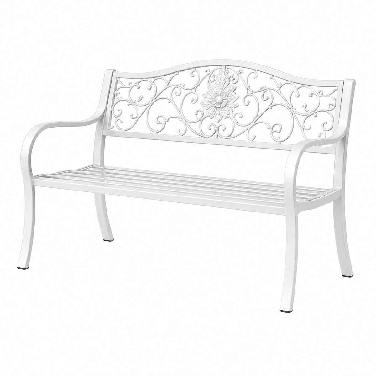 Banc de jardin 122 x 60 x 92 cm en métal blanc style romantique à accoudoirs