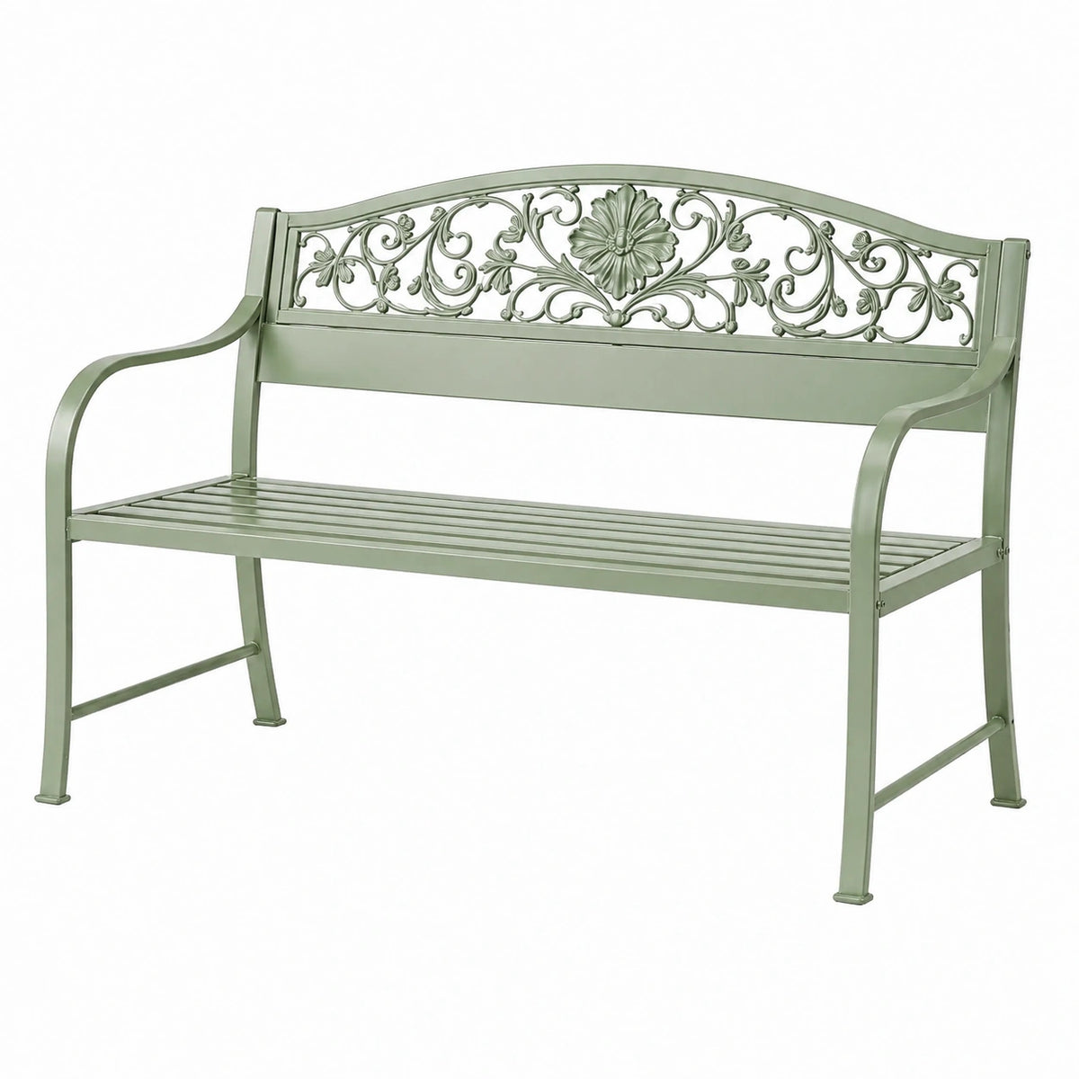 Banc de jardin 122 cm en métal vert avec accoudoirs style floral