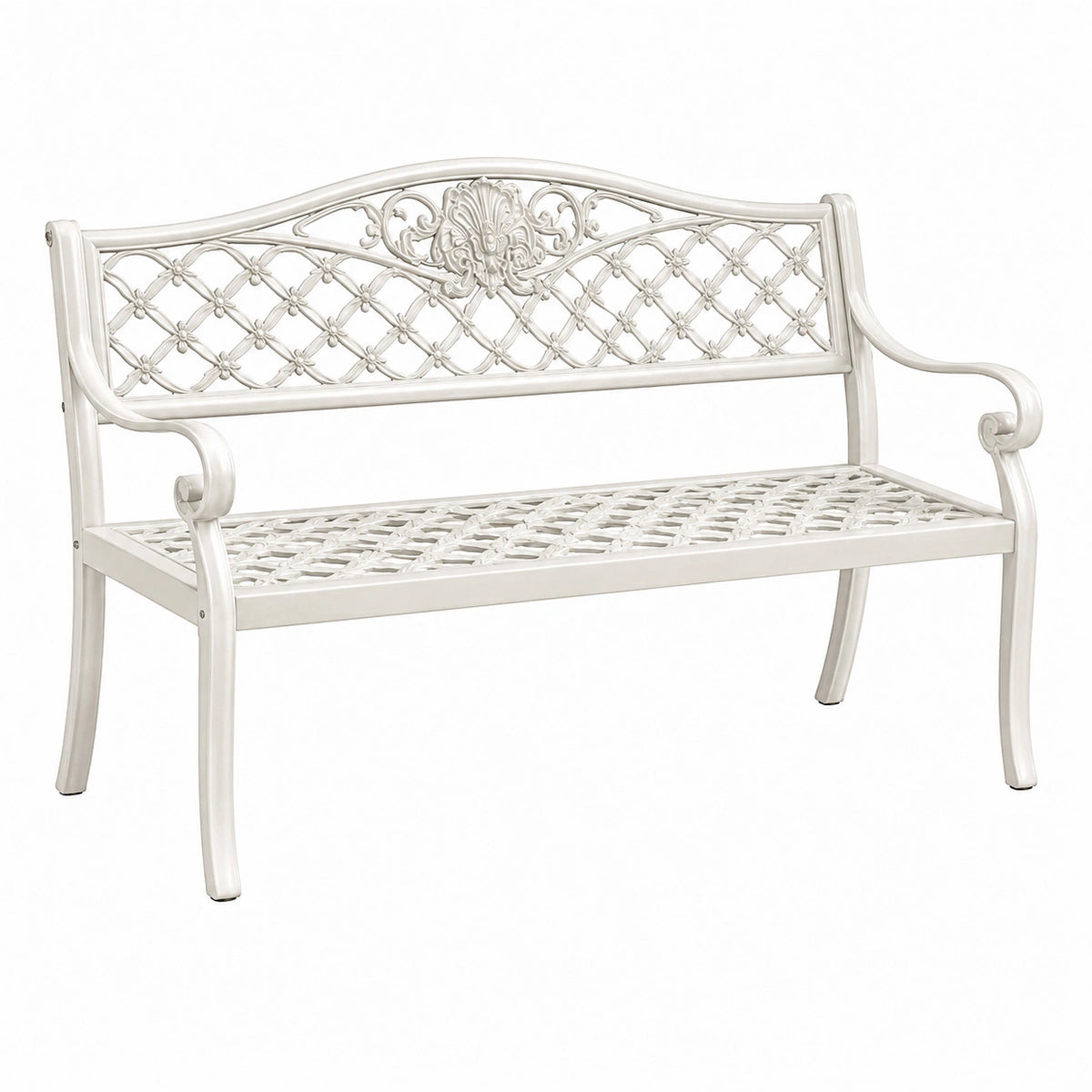 Banc de jardin 120 x 60 x 90 cm en métal blanc style classique à accoudoirs