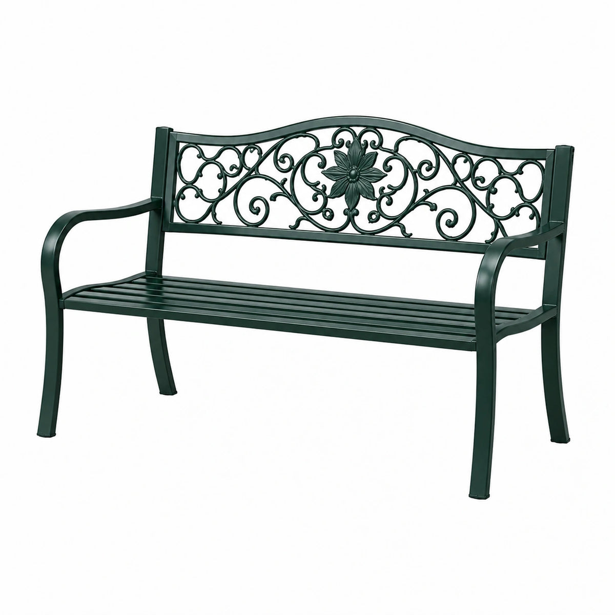 Banc de jardin 122 x 61 x 91 cm en métal vert avec accoudoirs style classique