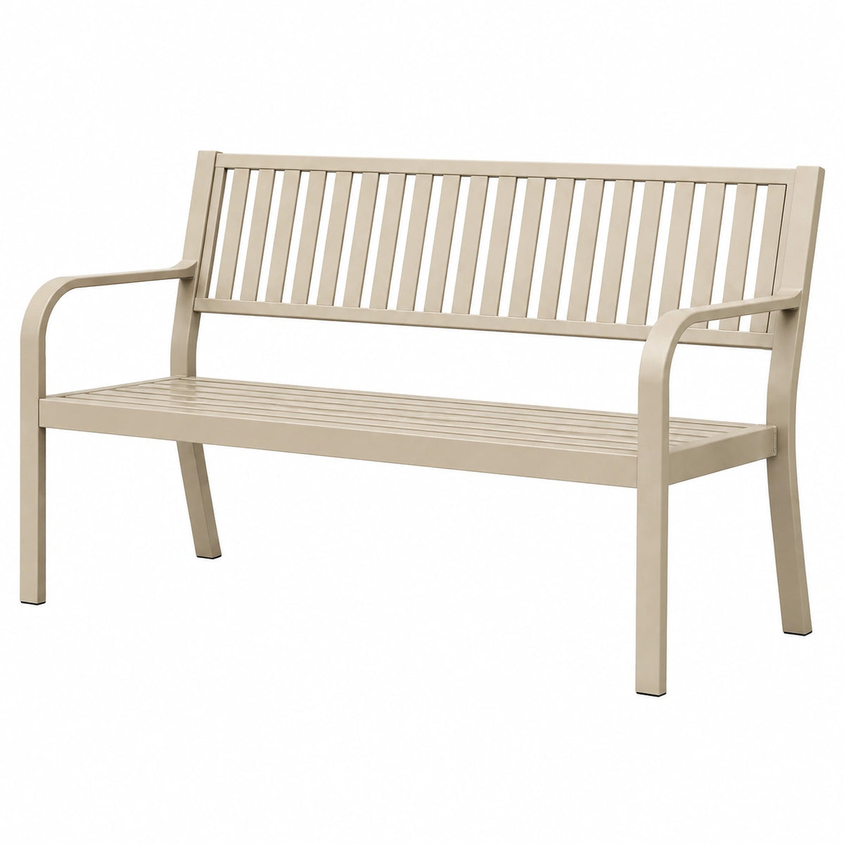 Banc de jardin 150 cm en métal beige à lattes avec accoudoirs