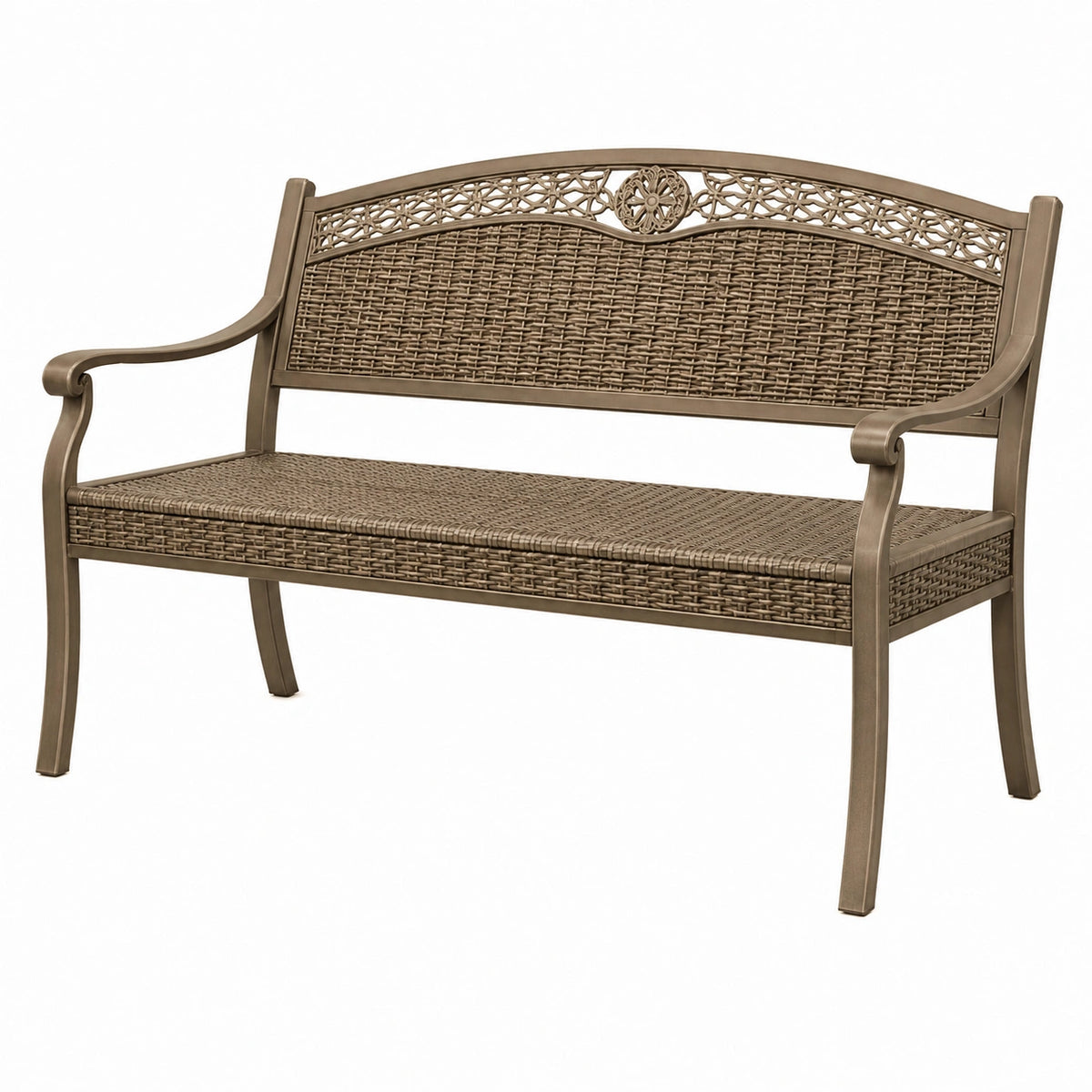 Banc de jardin 120 x 65 x 95 cm en métal et résine tressée marron style classique